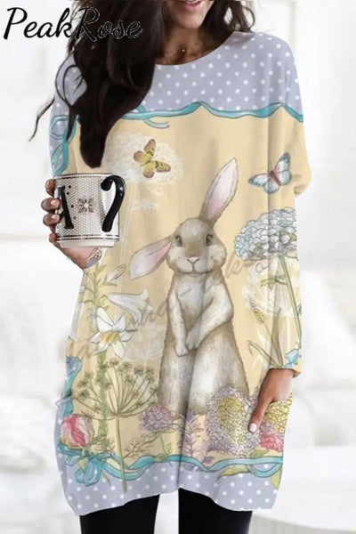 The Little Gray Rabbit In Flowers Standing Bunny Tunic With Pockets S / Yellow