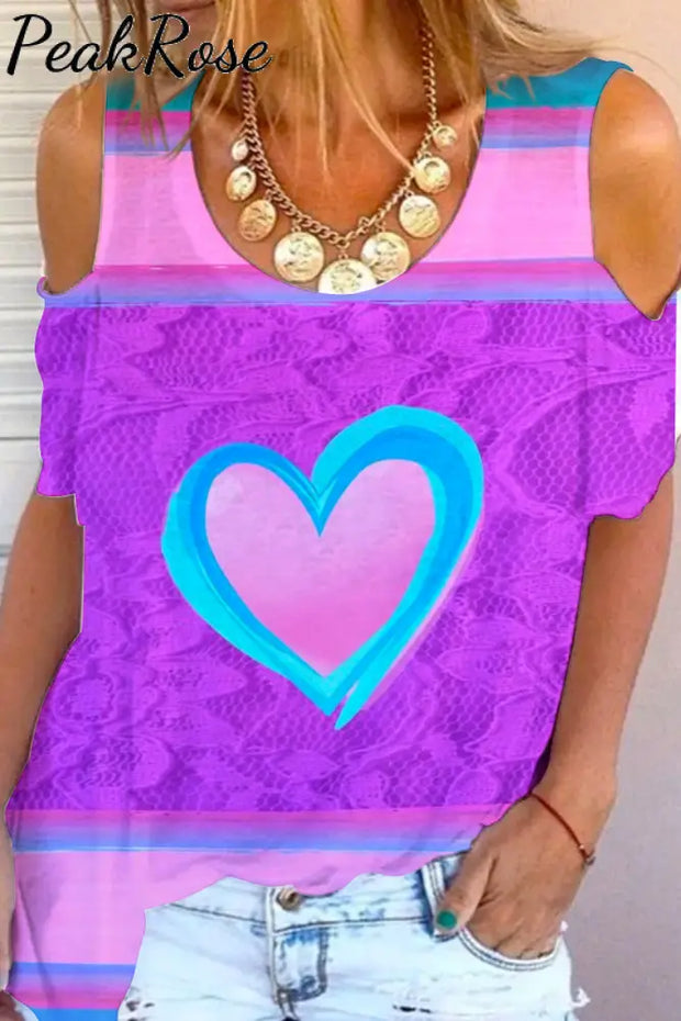 Tie Dye Colorful Heart Print Cold Shoulder T-Shirt T-Shirt