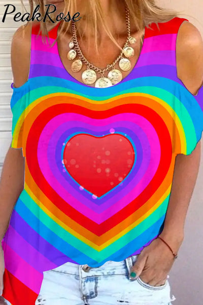 Tie Dye Colorful Heart Print Cold Shoulder T-Shirt S / Photo Color T-Shirt