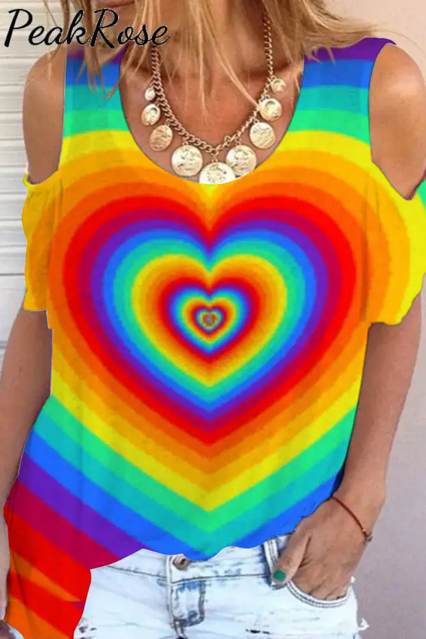 Tie Dye Colorful Heart Print Cold Shoulder T-Shirt S / Photo Color T-Shirt