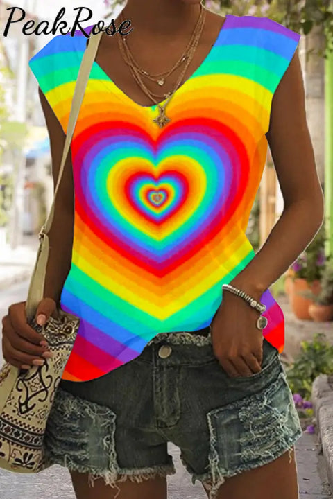 Tie Dye Colorful Heart Print Tank Top S / Photo Color V-Neck