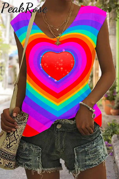 Tie Dye Colorful Heart Print Tank Top S / Photo Color V-Neck