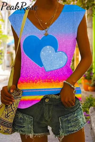 Tie Dye Colorful Heart Print Tank Top S / Photo Color V-Neck