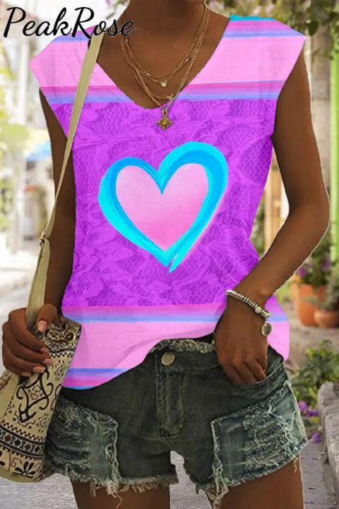 Tie Dye Colorful Heart Print Tank Top S / Photo Color V-Neck