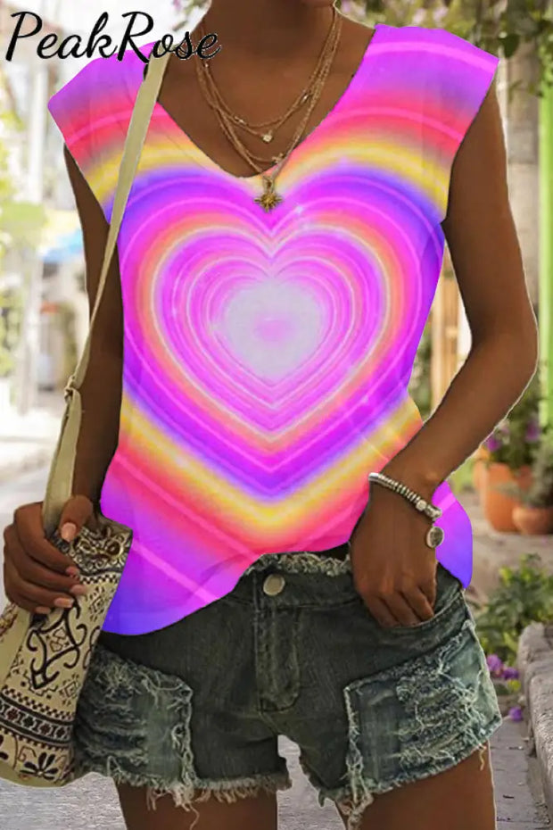 Tie Dye Colorful Heart Print Tank Top S / Photo Color V-Neck