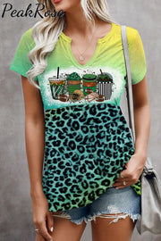 Tie Dye Gradient Leopard Coff Drink Football Notched Neck Peplum Hem Tee