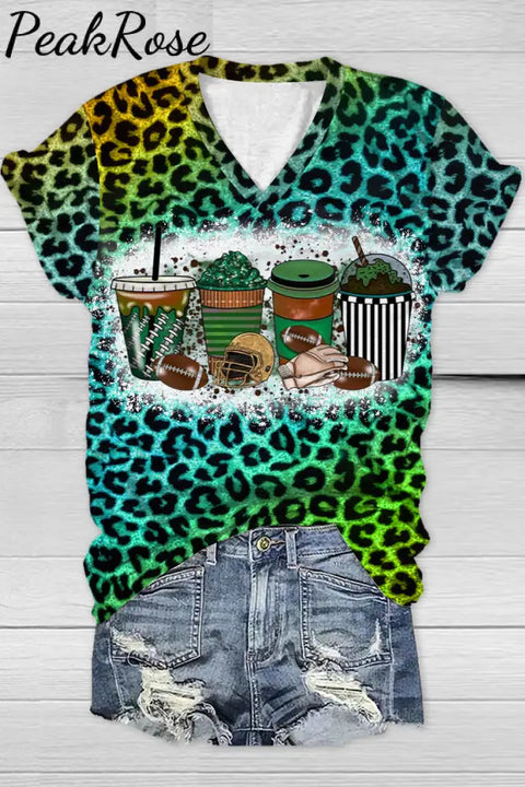 Tie Dye Gradient Leopard Coff Drink Football V Neck T-Shirt T-Shirt