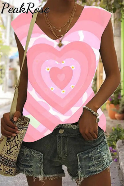 Tie Dye Pink Heart Print Tank Top S / Photo Color V-Neck