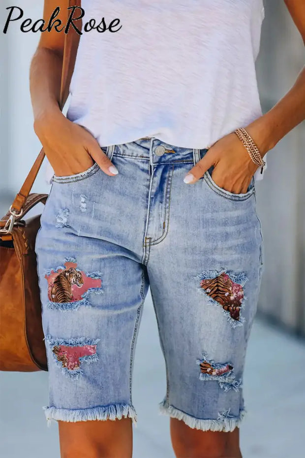 Tiger Butterfly Print Denim Shorts Bermuda