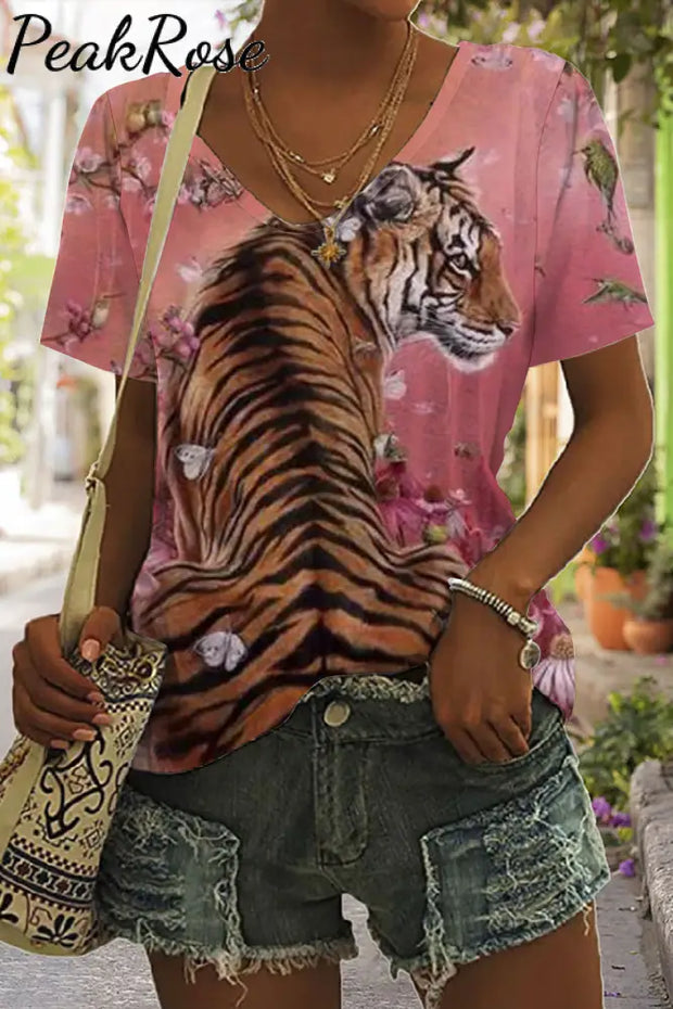 Tiger Butterfly Print Tie-Dye V Neck T-Shirt T-Shirt