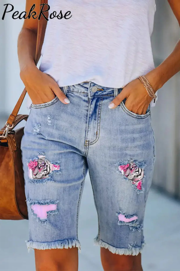 Tiger Flower Pink Print Denim Shorts Bermuda