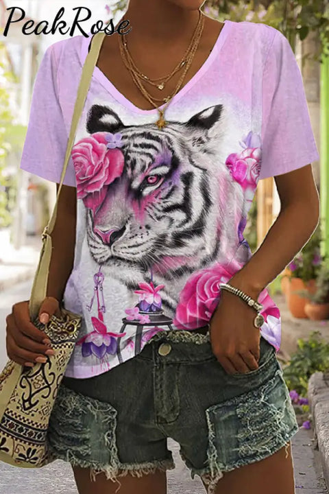 Tiger Flower Pink Print Tie-Dye V Neck T-Shirt T-Shirt