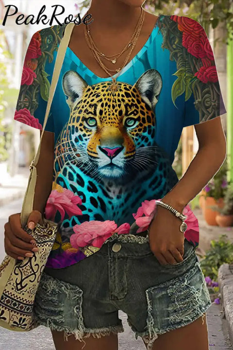 Tiger Flower Print Tie-Dye V Neck T-Shirt T-Shirt