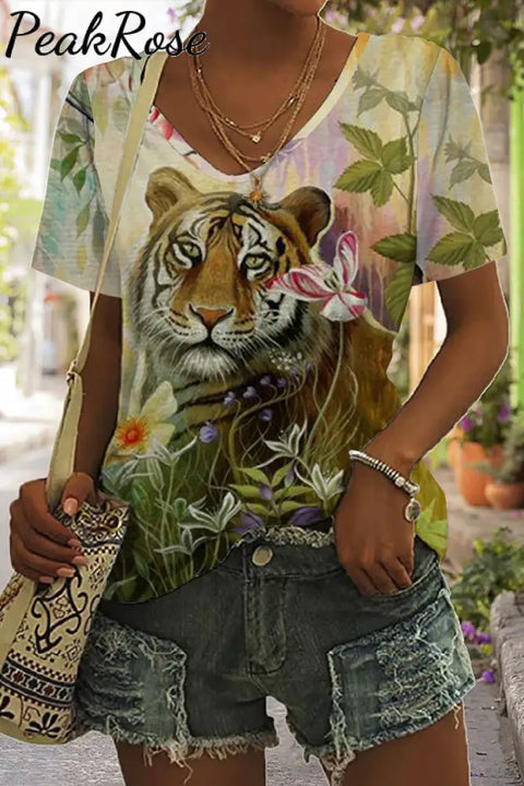 Tiger Flower Print Tie-Dye V Neck T-Shirt T-Shirt