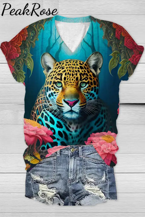 Tiger Flower Print V Neck T-Shirt T-Shirt