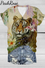 Tiger Flower Print V Neck T-Shirt T-Shirt