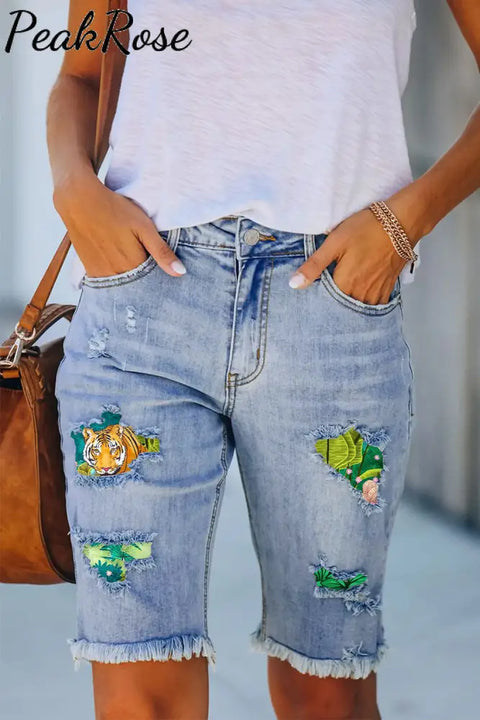 Tiger Wild Life Print Denim Shorts Bermuda