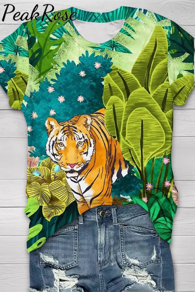 Tiger Wild Life Print Round Neck Short Sleeve T-Shirt