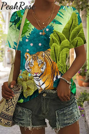 Tiger Wild Life Print Tie-Dye V Neck T-Shirt T-Shirt