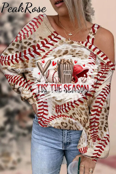 Tis The Season Baseball Leopard Printed Off-Shoulder Blouse Photo Color / S