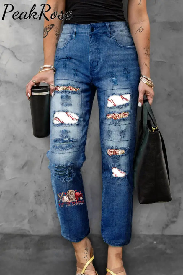 Tis The Season Baseball Leopard Printed Ripped Denim Jeans