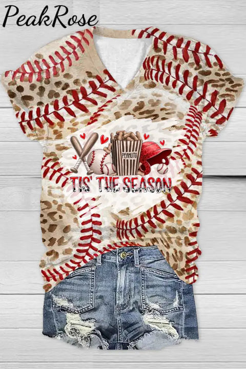 Tis The Season Baseball Leopard Printed V Neck T-Shirt T-Shirt