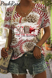 Tis The Season Baseball Leopard Printed V Neck T-Shirt T-Shirt