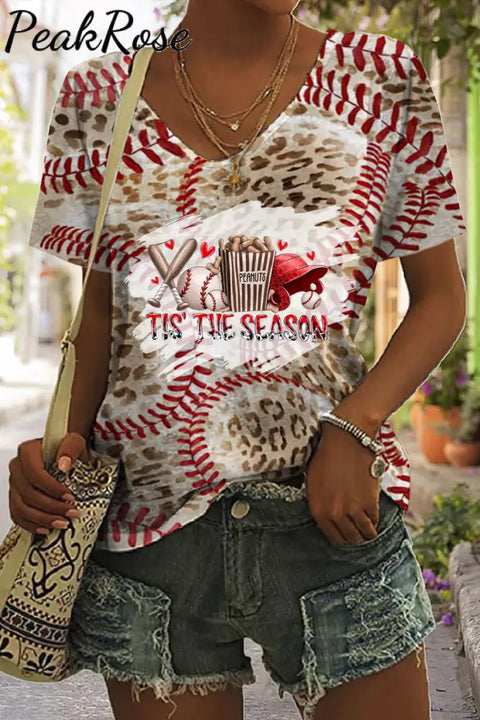 Tis The Season Baseball Leopard Printed V Neck T-Shirt T-Shirt