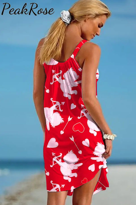 Tossed Cupid Love Heart Print Sleeveless Dress