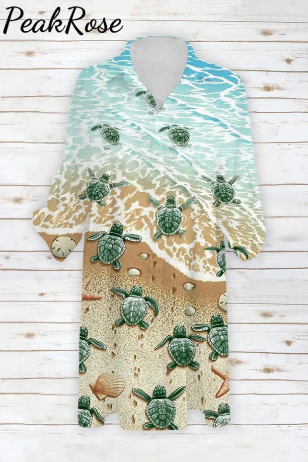 Travel Day Ocean World Beach Sea Turtle And Conch Printed Patch Front Pockets Shirt