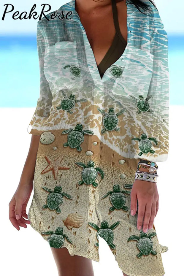 Travel Day Ocean World Beach Sea Turtle And Conch Printed Patch Front Pockets Shirt S / Photo Color