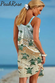 Travel Day Ocean World Beach Sea Turtle And Conch Printed Sleeveless Dress