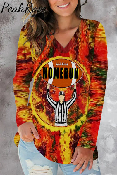 Trendy Hippie Tie-Dye With A Fun Football Home Run Graphic Printed Casual V Neck Long Sleeve