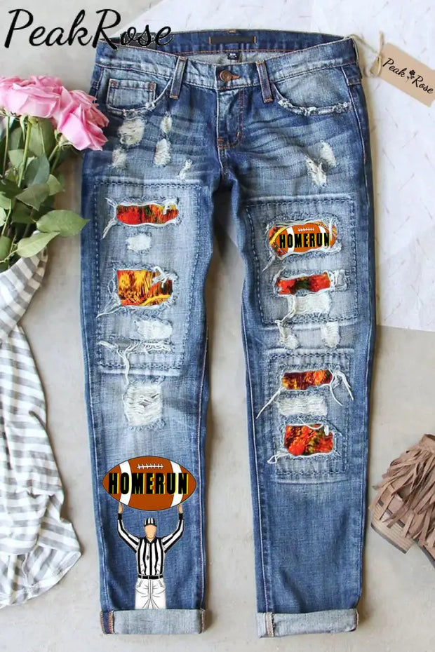 Trendy Hippie Tie-Dye With A Fun Football Home Run Graphic Printed Ripped Denim Jeans