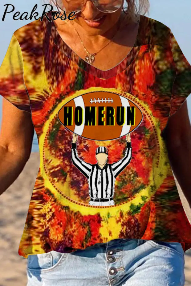 Trendy Hippie Tie-Dye With A Fun Football Home Run Graphic V Neck T-Shirt T-Shirt