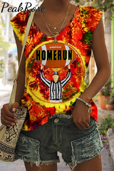 Trendy Hippie Tie-Dye With A Fun Football Home Run Graphic V-Neck Tank Top