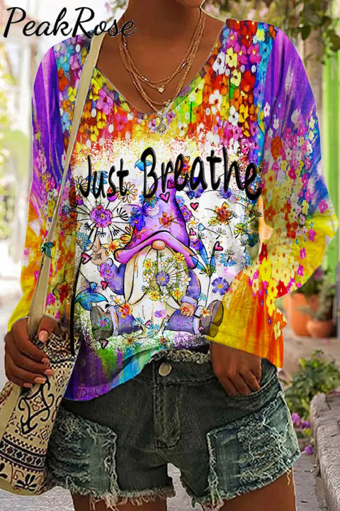 Trendy Oil Painting Vintage Flowers & Dandelion Gnomes Just Breathe Printed Casual V Neck Long