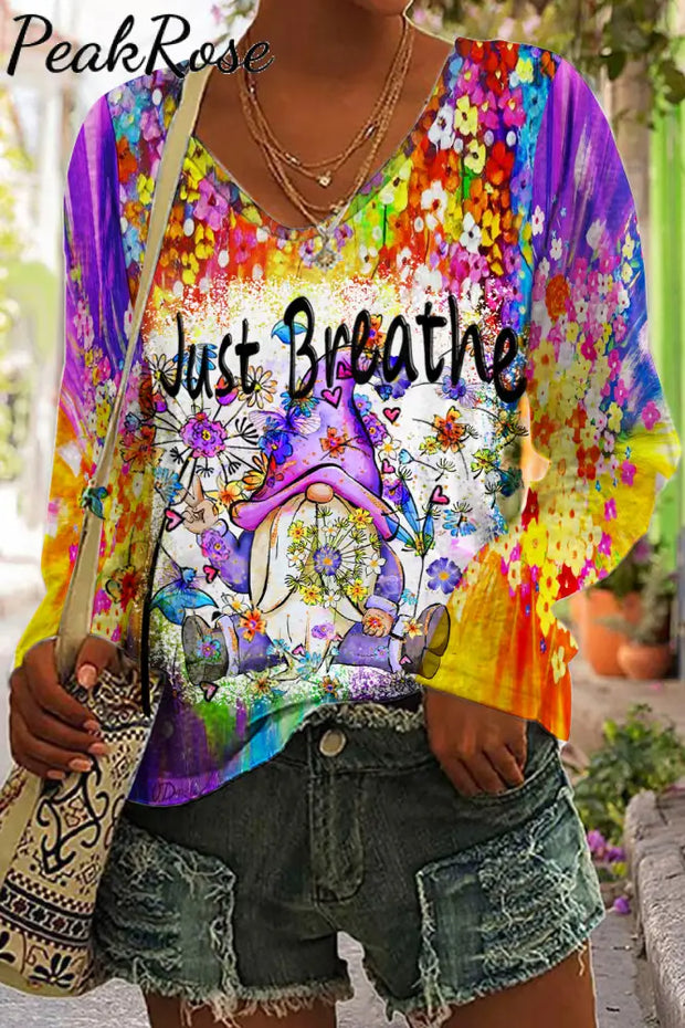 Trendy Oil Painting Vintage Flowers & Dandelion Gnomes Just Breathe Printed Casual V Neck Long