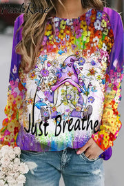 Trendy Oil Painting Vintage Flowers & Dandelion Gnomes Just Breathe Sweatshirt