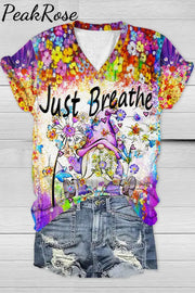 Trendy Oil Painting Vintage Flowers & Dandelion Gnomes Just Breathe V Neck T-Shirt T-Shirt