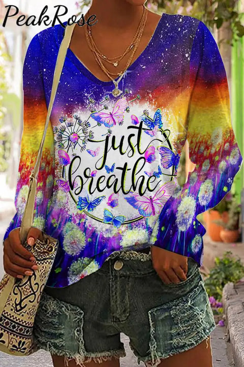 Trendy Oil Painting Vintage Flowers & Dandelion Just Breathe Printed Casual V Neck Long Sleeve