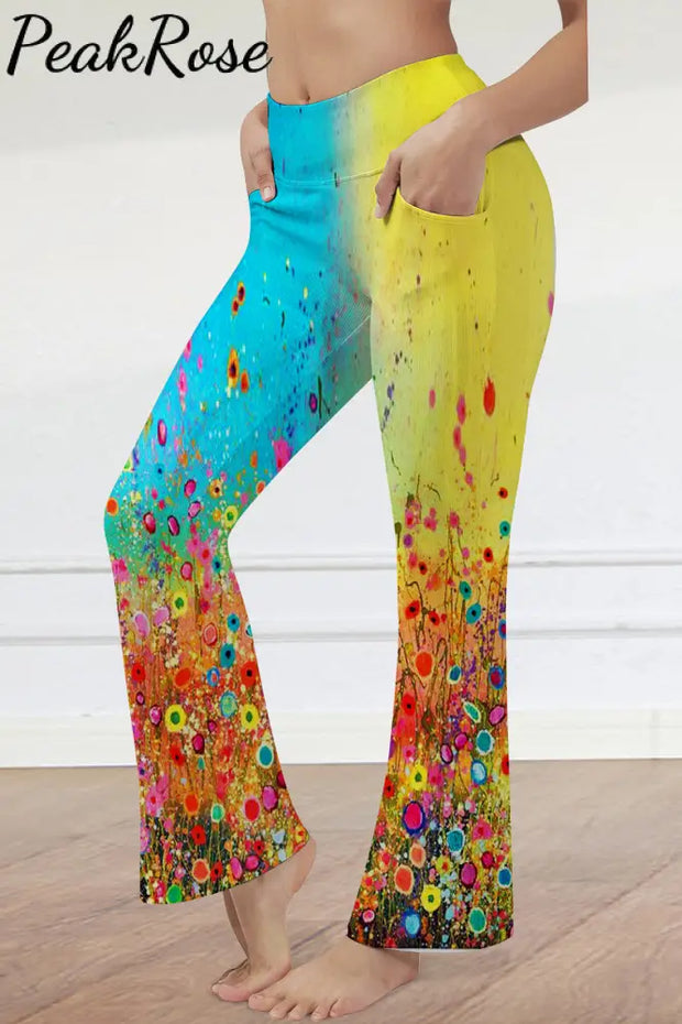 Trendy Oil Painting Vintage Flowers & Dandelion Never Stop Dreaming High Waisted Flare Pants With