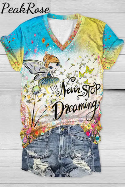 Trendy Oil Painting Vintage Flowers & Dandelion Never Stop Dreaming V Neck T-Shirt T-Shirt