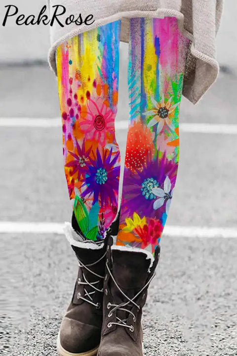 Trendy Oil Painting Vintage Rainbow Flowers & Dandelions Inspirational Leggings Leggings