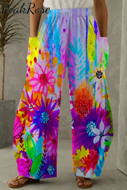 Trendy Oil Painting Vintage Rainbow Flowers & Dandelions Inspirational Loose Pockets Pants Pocket