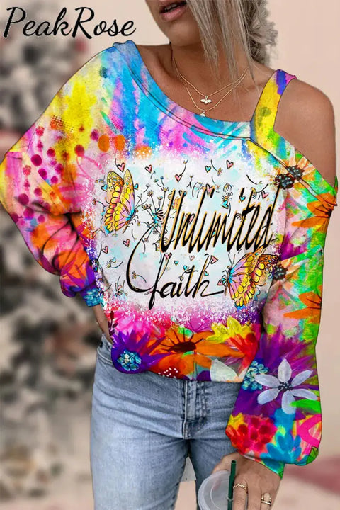 Trendy Oil Painting Vintage Rainbow Flowers & Dandelions Inspirational Print Off-Shoulder Blouse