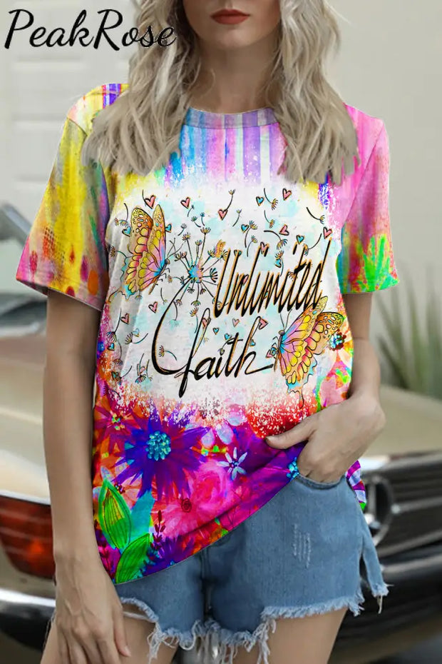 Trendy Oil Painting Vintage Rainbow Flowers & Dandelions Inspirational Print Round Neck T-Shirt