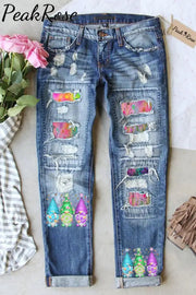 Trendy Oil Painting Vintage Rainbow Flowers & Three Gnome Dandelions Denim Jeans