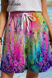 Trendy Oil Painting Vintage Rainbow Flowers & Three Gnome Dandelions Drawstring Waist Casual Shorts