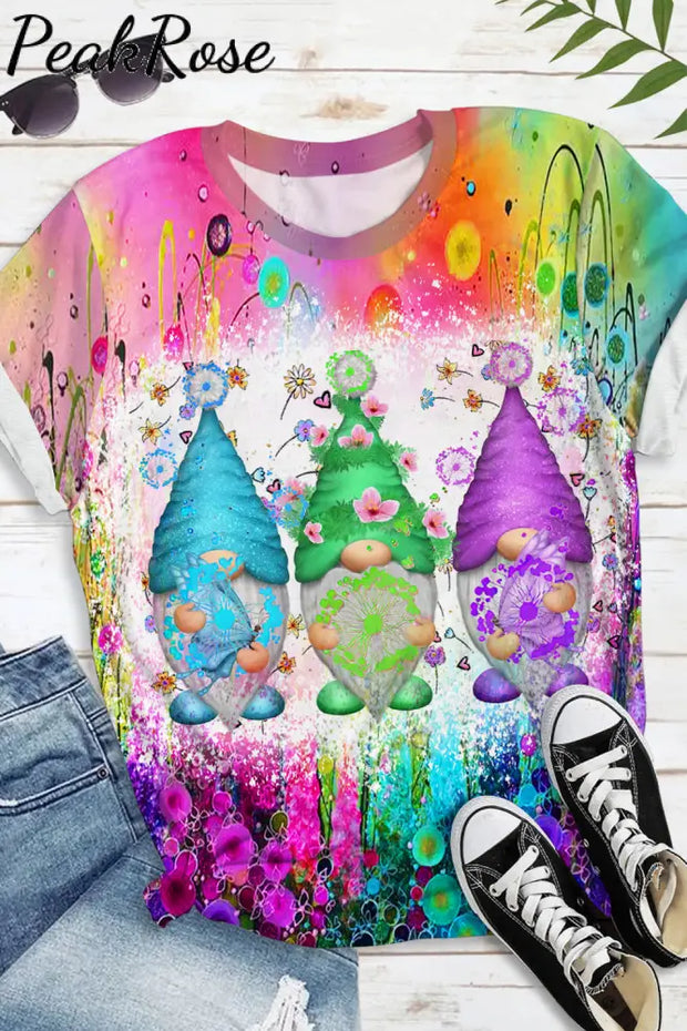 Trendy Oil Painting Vintage Rainbow Flowers & Three Gnome Dandelions Round Neck Short Sleeve T-Shirt